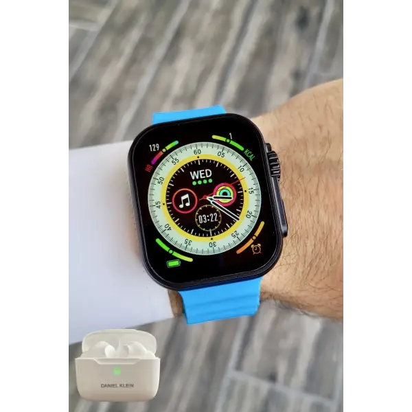 Daniel Klein DK1ISTE1165 Android/ios Uyumlu Arama Özellikli Mavi Renk Kordonlu Akıllı Kol Saati ve Bluetooth Kulaklık