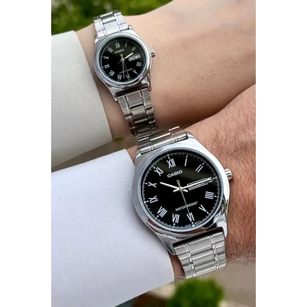 Casio CSISTE32 Kadranı Siyah Kordonu Gümüş Renk Hediye Paketli Sevgili Çift İki Kol Saati