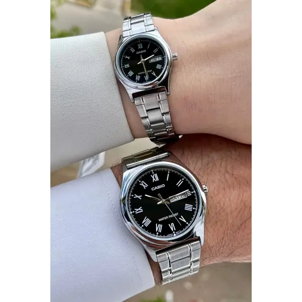 Casio CSISTE32 Kadranı Siyah Kordonu Gümüş Renk Hediye Paketli Sevgili Çift İki Kol Saati