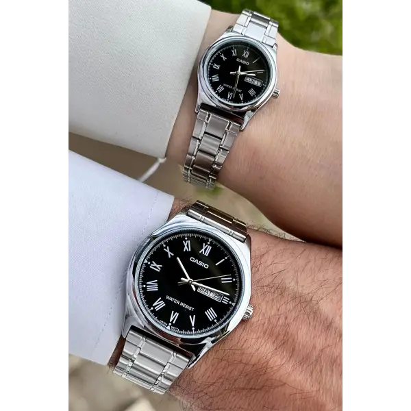 Casio CSISTE32 Kadranı Siyah Kordonu Gümüş Renk Hediye Paketli Sevgili Çift İki Kol Saati
