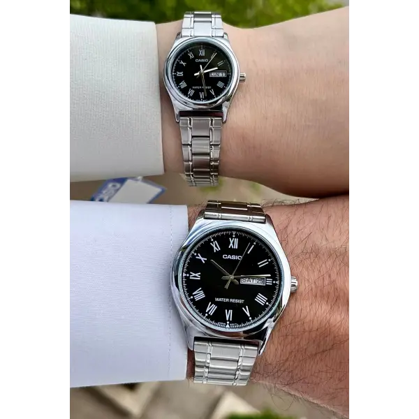 Casio CSISTE32 Kadranı Siyah Kordonu Gümüş Renk Hediye Paketli Sevgili Çift İki Kol Saati