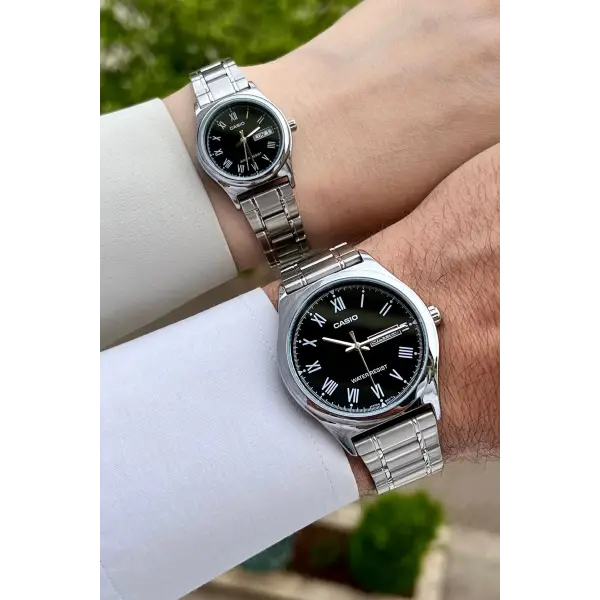 Casio CSISTE32 Kadranı Siyah Kordonu Gümüş Renk Hediye Paketli Sevgili Çift İki Kol Saati