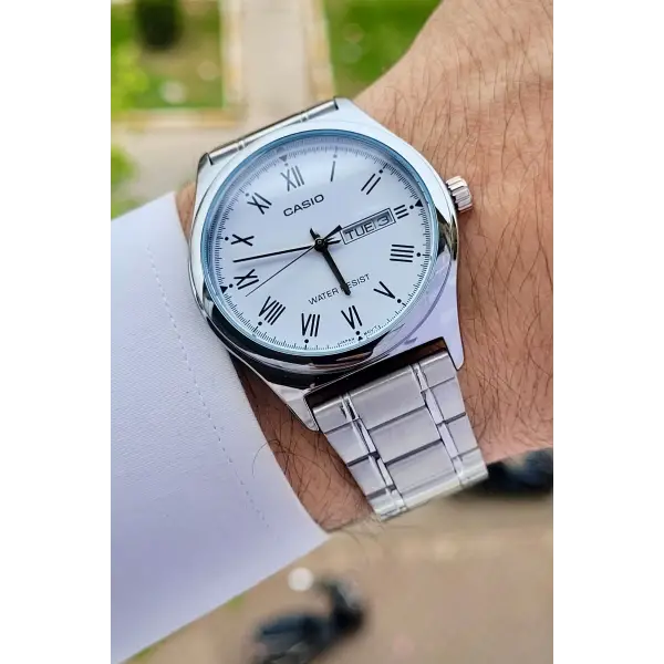 Casio CSISTE15 Kadranı Beyaz Kordonu Gümüş Renk Takvim ve Günlü Hediye Paketli Erkek Kol Saati