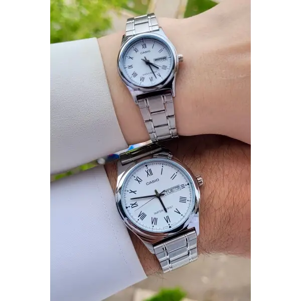 Casio CSISTE33 Kadranı Beyaz Kordonu Gümüş Renk Hediye Paketli Sevgili Çift İki Kol Saati