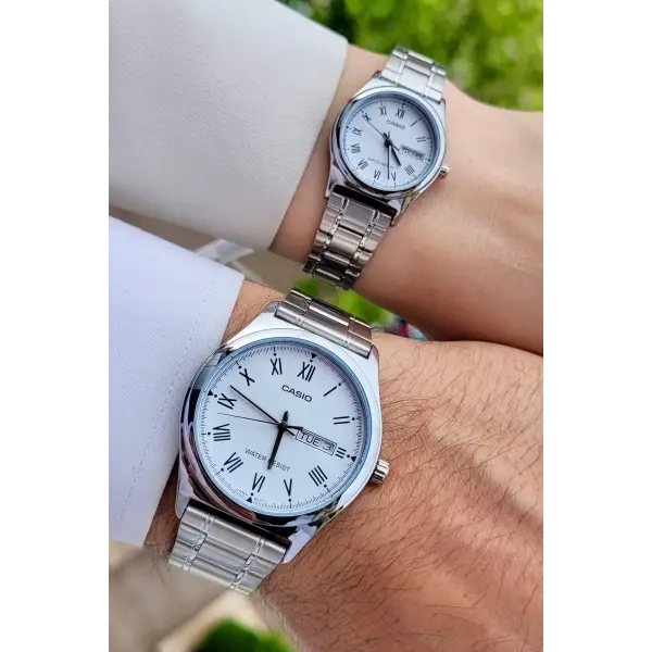Casio CSISTE33 Kadranı Beyaz Kordonu Gümüş Renk Hediye Paketli Sevgili Çift İki Kol Saati