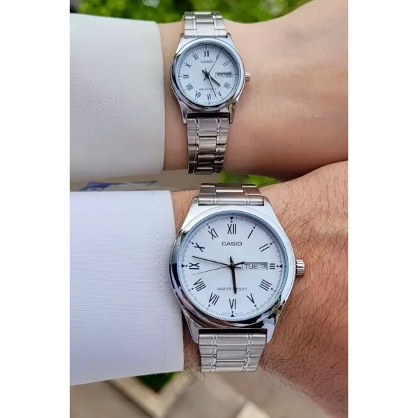 Casio CSISTE33 Kadranı Beyaz Kordonu Gümüş Renk Hediye Paketli Sevgili Çift İki Kol Saati