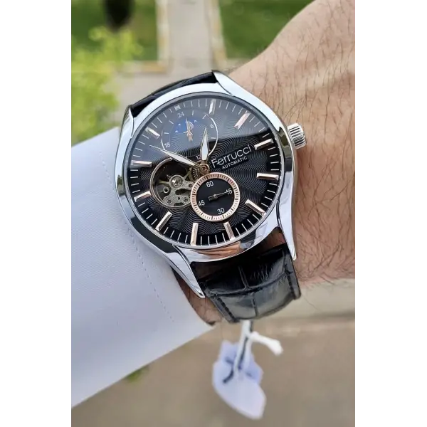 Ferrucci FCISTE279 Kasası Gümüş Kordonu Siyah Renk Hediye Paketli Otomatik Erkek Kol Saati