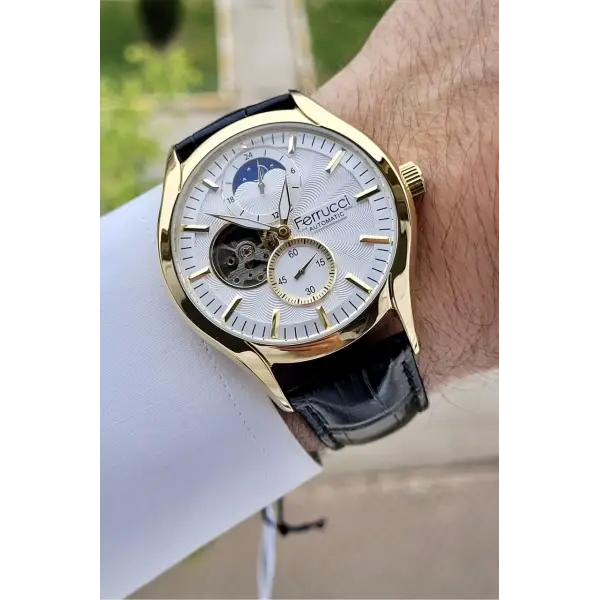 Ferrucci FCISTE280 Kasası Gold Kordonu Siyah Renk Hediye Paketli Otomatik Erkek Kol Saati