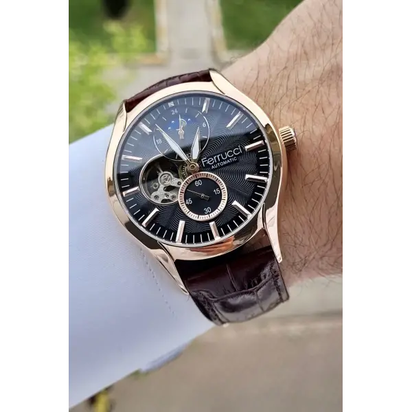 Ferrucci FCISTE281 Kasası Rose Kordonu Kahverengi Renk Hediye Paketli Otomatik Erkek Kol Saati
