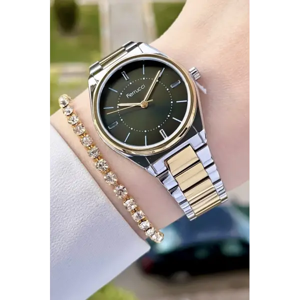 Ferrucci FCISTE285 Kadranı Yeşil Kordonu Gold Gümüş Renk Hediye Paketli Kadın Kol Saati ve Bileklik