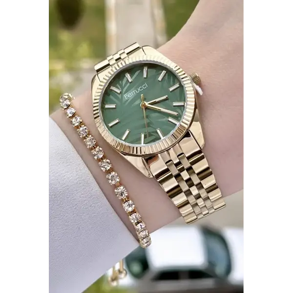 Ferrucci FCISTE287 Kadranı Yeşil Kordonu Gold Renk Hediye Paketli Kadın Kol Saati ve Bileklik