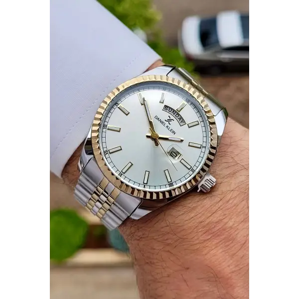 Daniel Klein DKISTE1170 Gold Gümüş Renk Hediye Paketli Takvim ve Gün Fonksiyonlu Erkek Kol Saati