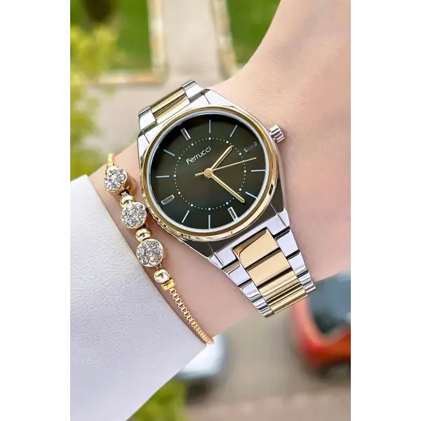 Ferrucci FCISTE285 Kadranı Koyu Yeşil Kordonu Gold Gümüş Renk Hediye Paketli Kadın Kol Saati ve Bileklik