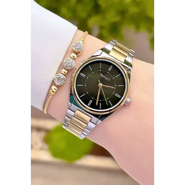 Ferrucci FCISTE285 Kadranı Koyu Yeşil Kordonu Gold Gümüş Renk Hediye Paketli Kadın Kol Saati ve Bileklik