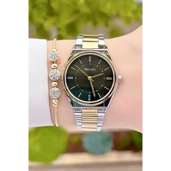 Ferrucci FCISTE285 Kadranı Koyu Yeşil Kordonu Gold Gümüş Renk Hediye Paketli Kadın Kol Saati ve Bileklik