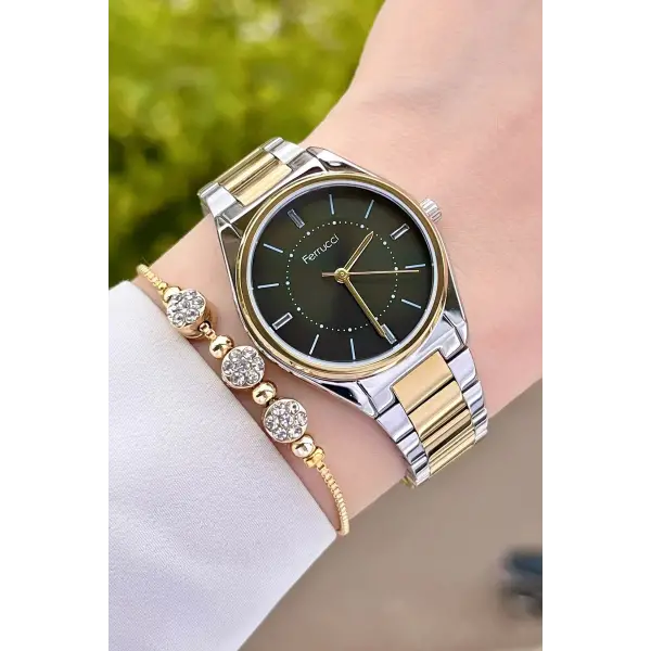 Ferrucci FCISTE285 Kadranı Koyu Yeşil Kordonu Gold Gümüş Renk Hediye Paketli Kadın Kol Saati ve Bileklik