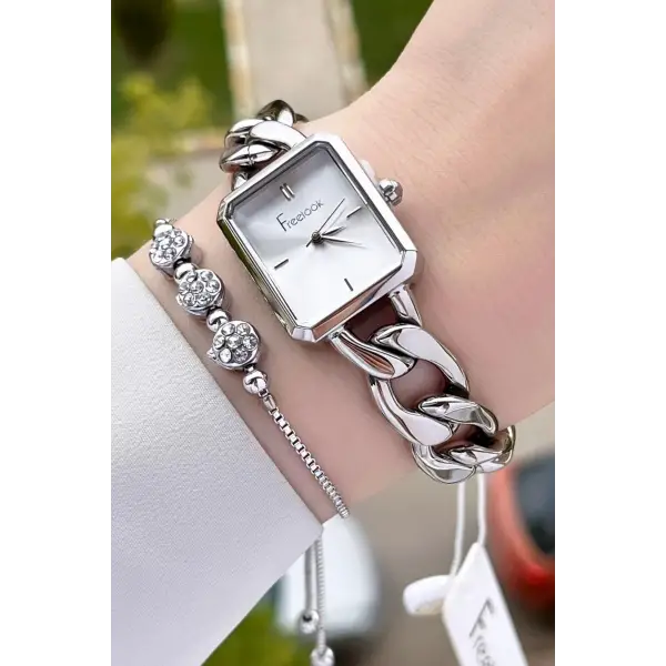 Freelook FLISTE41 Gümüş Renk Zincirli Hediye Paketli 5 ATM Kadın Kol Saati ve Bileklik