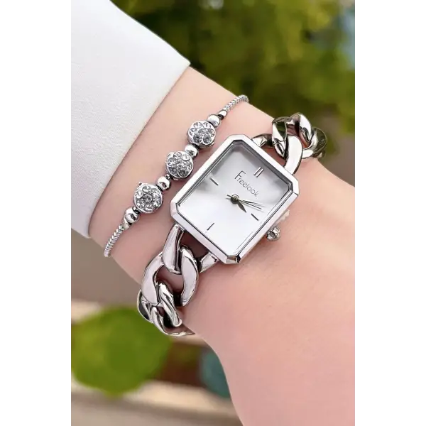 Freelook FLISTE41 Gümüş Renk Zincirli Hediye Paketli 5 ATM Kadın Kol Saati ve Bileklik