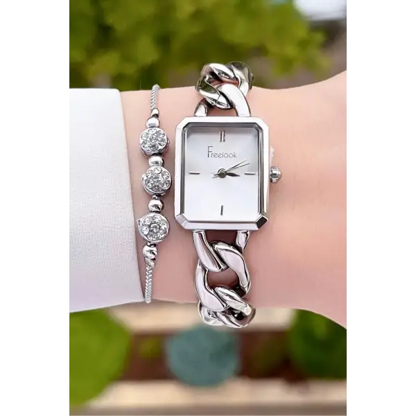 Freelook FLISTE41 Gümüş Renk Zincirli Hediye Paketli 5 ATM Kadın Kol Saati ve Bileklik