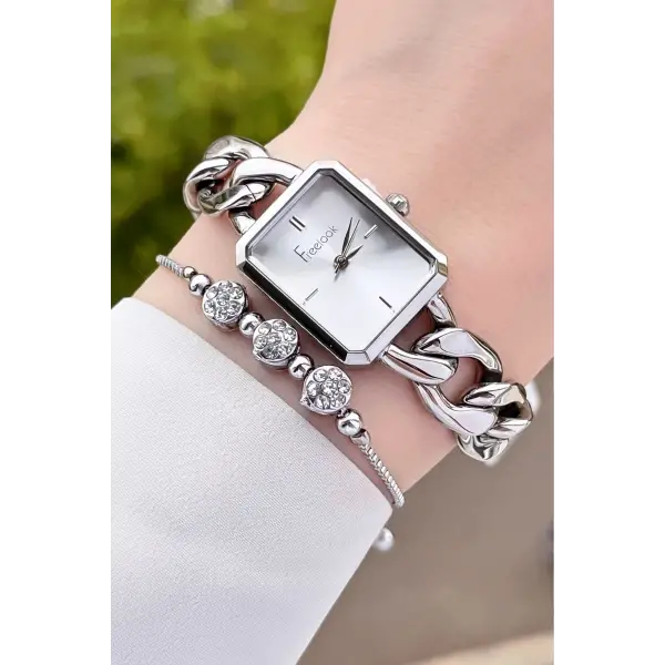Freelook FLISTE41 Gümüş Renk Zincirli Hediye Paketli 5 ATM Kadın Kol Saati ve Bileklik