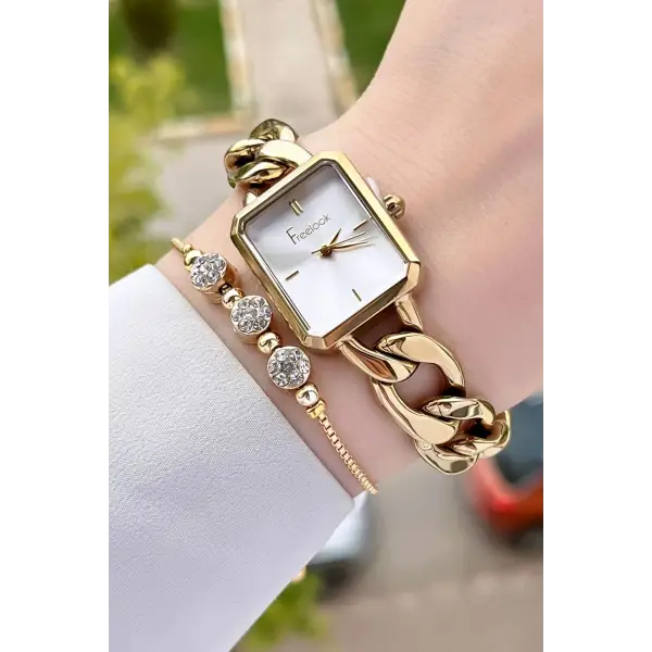 Freelook FLISTE40 Kadranı Gümüş Kordonu Gold Renk Zincirli Hediye Paketli 5 ATM Kadın Kol Saati ve Bileklik