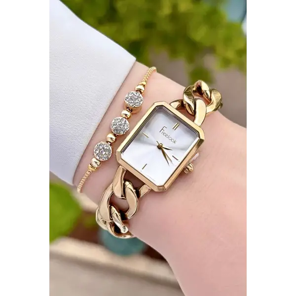 Freelook FLISTE40 Kadranı Gümüş Kordonu Gold Renk Zincirli Hediye Paketli 5 ATM Kadın Kol Saati ve Bileklik