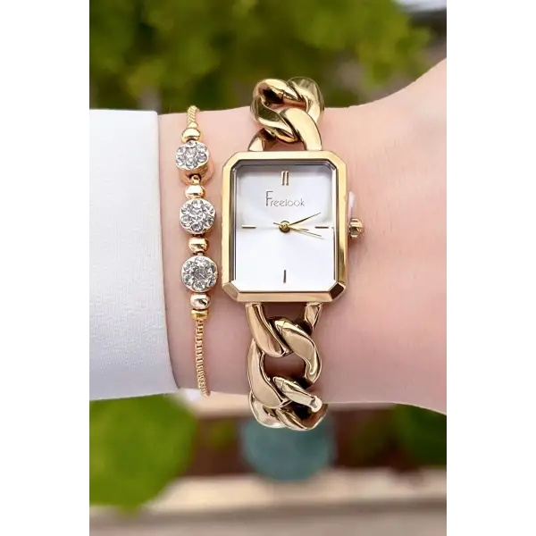 Freelook FLISTE40 Kadranı Gümüş Kordonu Gold Renk Zincirli Hediye Paketli 5 ATM Kadın Kol Saati ve Bileklik