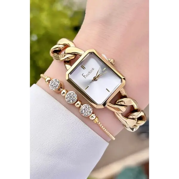 Freelook FLISTE40 Kadranı Gümüş Kordonu Gold Renk Zincirli Hediye Paketli 5 ATM Kadın Kol Saati ve Bileklik
