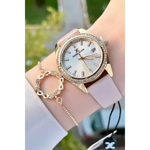 Daniel Klein DKISTE1204 Kasası Gold Kordonu Krem Renk Hediye Paketli Kadın Kol Saati ve Bileklik