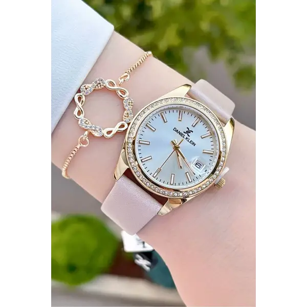Daniel Klein DKISTE1204 Kasası Gold Kordonu Krem Renk Hediye Paketli Kadın Kol Saati ve Bileklik