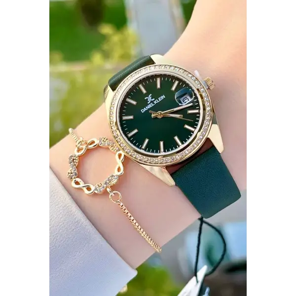 Daniel Klein DKISTE1203 Kasası Gold Kordonu Yeşil Renk Hediye Paketli Kadın Kol Saati ve Bileklik