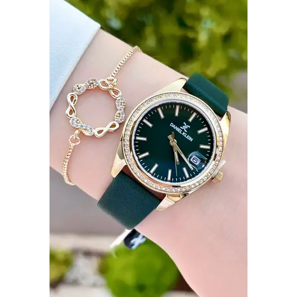 Daniel Klein DKISTE1203 Kasası Gold Kordonu Yeşil Renk Hediye Paketli Kadın Kol Saati ve Bileklik