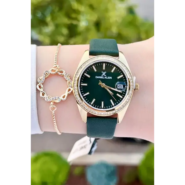 Daniel Klein DKISTE1203 Kasası Gold Kordonu Yeşil Renk Hediye Paketli Kadın Kol Saati ve Bileklik