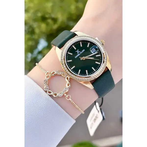 Daniel Klein DKISTE1203 Kasası Gold Kordonu Yeşil Renk Hediye Paketli Kadın Kol Saati ve Bileklik