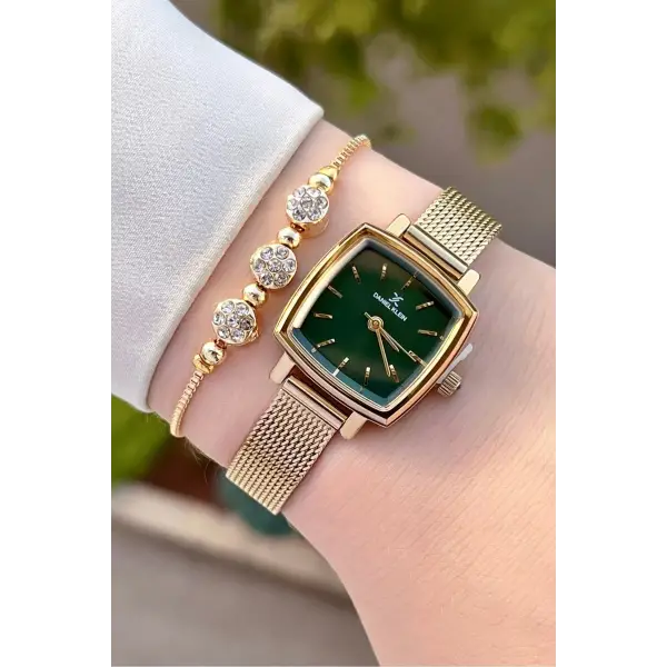 Daniel Klein DKISTE1221 Kadranı Yeşil Kordonu Gold Renk Hediye Paketli Kadın Kol Saati ve Bileklik
