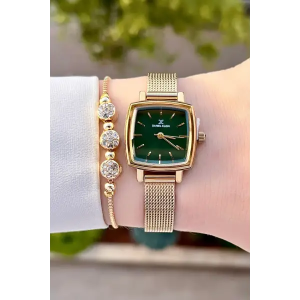 Daniel Klein DKISTE1221 Kadranı Yeşil Kordonu Gold Renk Hediye Paketli Kadın Kol Saati ve Bileklik