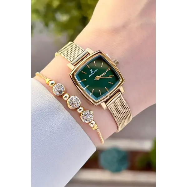 Daniel Klein DKISTE1221 Kadranı Yeşil Kordonu Gold Renk Hediye Paketli Kadın Kol Saati ve Bileklik