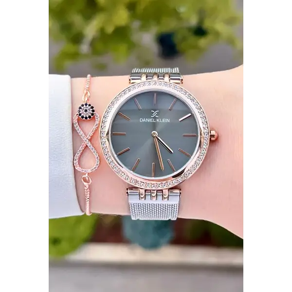Daniel Klein DK1ISTE1223 Kasası Rose Kordonu Gümüş Renk Kadın Kol Saati Bileklik ve Parfüm Hediyeli