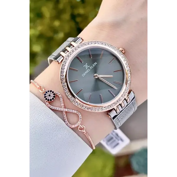 Daniel Klein DK1ISTE1223 Kasası Rose Kordonu Gümüş Renk Kadın Kol Saati Bileklik ve Parfüm Hediyeli