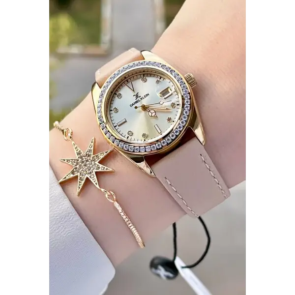 Daniel Klein DKISTE1212 Kasası Gold Kordonu Krem Renk Hediye Paketli Kadın Kol Saati ve Bileklik
