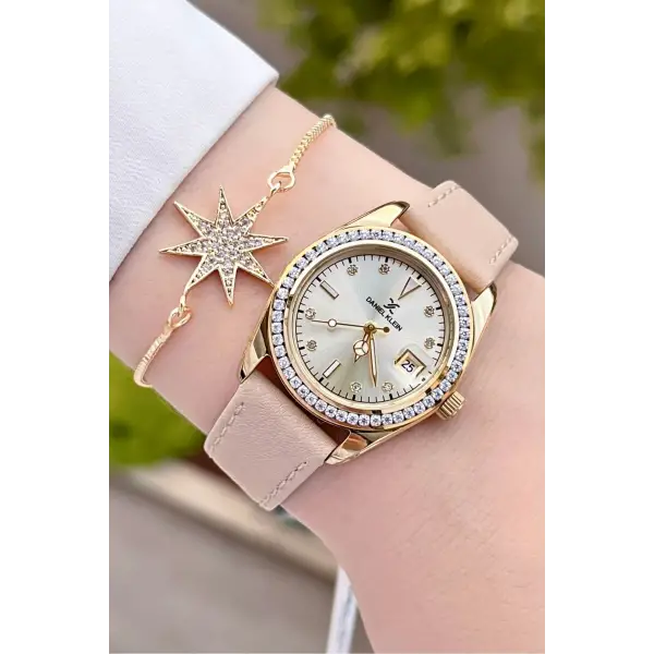 Daniel Klein DKISTE1212 Kasası Gold Kordonu Krem Renk Hediye Paketli Kadın Kol Saati ve Bileklik