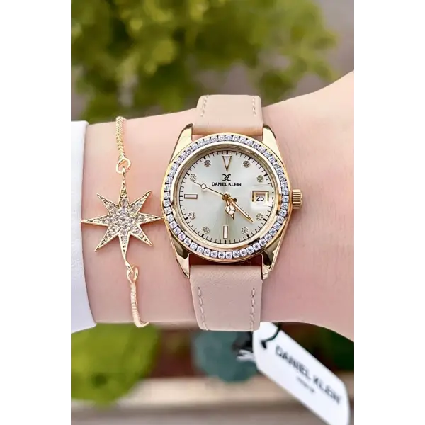 Daniel Klein DKISTE1212 Kasası Gold Kordonu Krem Renk Hediye Paketli Kadın Kol Saati ve Bileklik