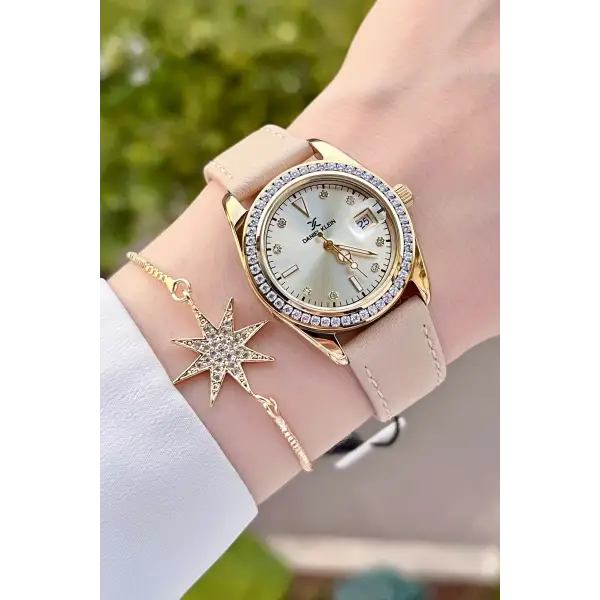 Daniel Klein DKISTE1212 Kasası Gold Kordonu Krem Renk Hediye Paketli Kadın Kol Saati ve Bileklik