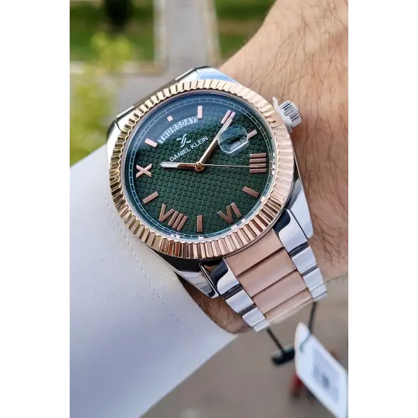 Daniel Klein DKISTE1211 Kadranı Yeşil Rose Gümüş Renk Takvimli Hediye Paketli Erkek Kol Saati