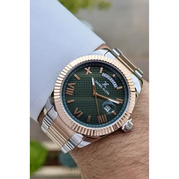 Daniel Klein DKISTE1211 Kadranı Yeşil Rose Gümüş Renk Takvimli Hediye Paketli Erkek Kol Saati