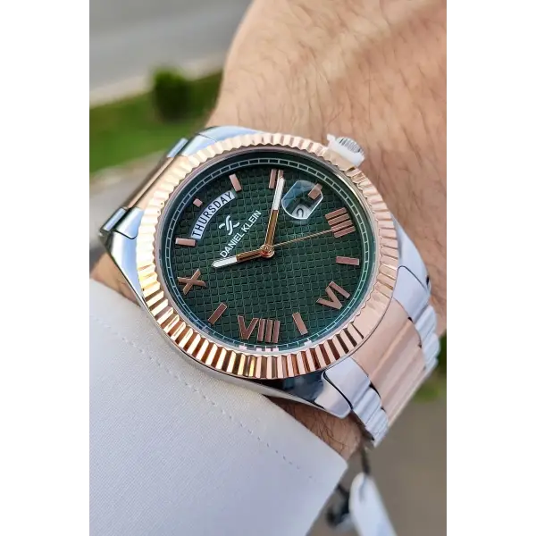 Daniel Klein DKISTE1211 Kadranı Yeşil Rose Gümüş Renk Takvimli Hediye Paketli Erkek Kol Saati
