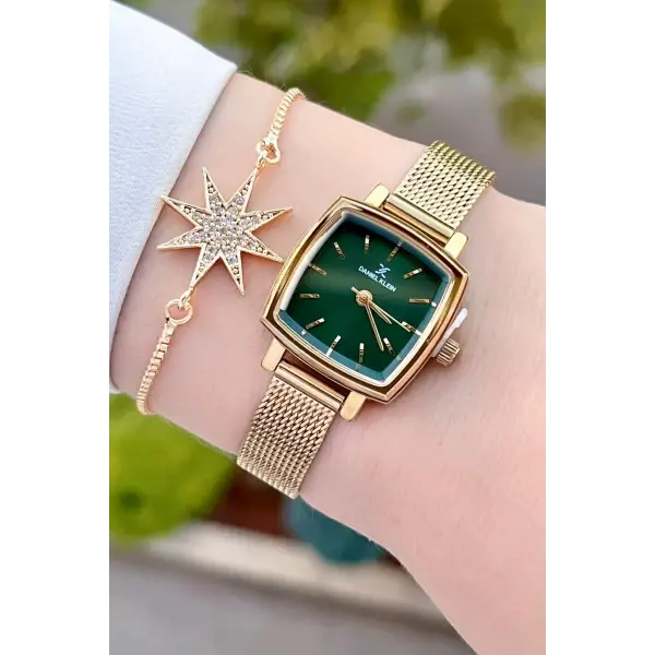 Daniel Klein DKISTE1221 Kadranı Yeşil Kordonu Gold Renk Hediye Paketli Kadın Kol Saati ve Bileklik