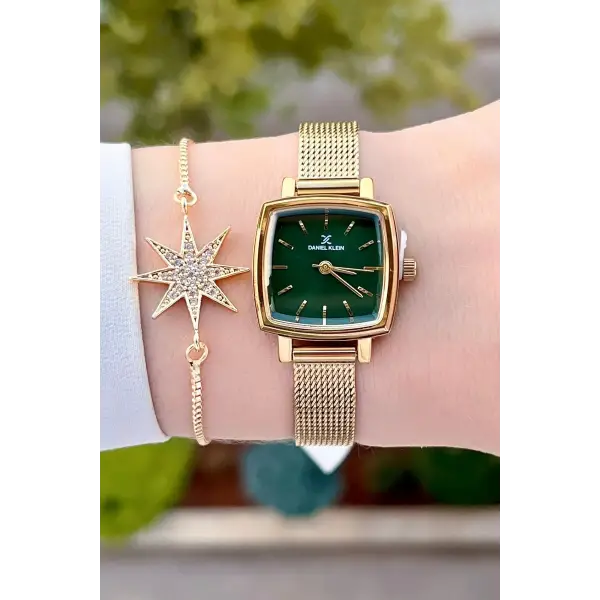 Daniel Klein DKISTE1221 Kadranı Yeşil Kordonu Gold Renk Hediye Paketli Kadın Kol Saati ve Bileklik