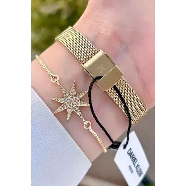Daniel Klein DKISTE1222 Kadranı Sarı Kordonu Gold Renk Hediye Paketli Kadın Kol Saati ve Bileklik