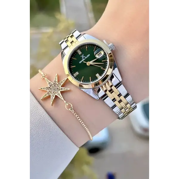 Daniel Klein DKISTE1242 Kadranı Yeşil Kordonu Gold Gümüş Renk Hediye Paketli Kadın Kol Saati ve Bileklik